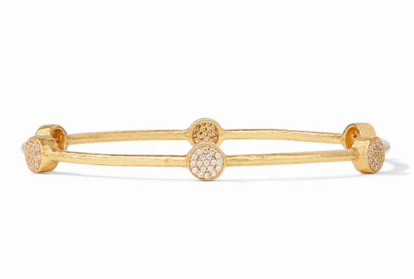 Milano Bangle Pave Cubic Zirconia by Julie Vos. A lightly hammered bangle embellished with six iridescent gemstones or pavé stations. Shop at The Painted Cottage in Edgewater, MD