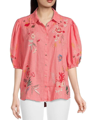Ruth Lisbon Coral Sunset Blouse by Johnny Was. Shop at The Painted Cottage, voted Best of Annapolis for Women's Clothing and Apparel 2022. Coral blouse with embroidered design, button front, and three-quarter elastic sleeves.