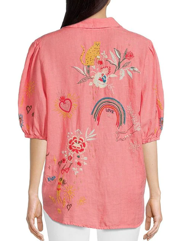 Ruth Lisbon Coral Sunset Blouse by Johnny Was. Shop at The Painted Cottage, voted Best of Annapolis for Women's Clothing and Apparel 2022. Coral blouse with embroidered design, button front, and three-quarter elastic sleeves.