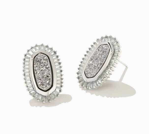 Baguette Ellie Silver Stud Earrings in Platinum Drusy