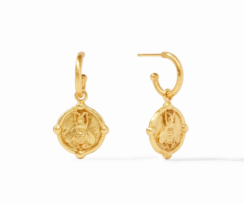 Bee Hoop & Charm Earring by Julie Vos features gold bee skillfully carved on lightly hammered surround and suspended from a hammered hoop. Charms are removable and hoops can be worn separately. 1.25", 24K gold plate. Shop at The Painted Cottage in Edgewater, MD.