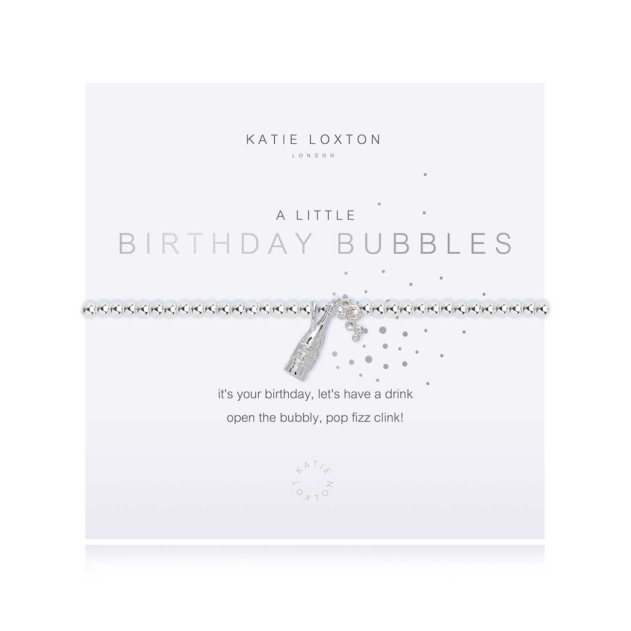 Silver-plated stretch bead A Little Birthday Bubbles bracelet with silver champagne bottle and clear crystal bubbles charms