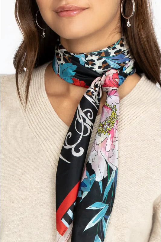 Ontari Scarf by Johnny Was with bold floral and abstract motifs. 100% silk. Shop at The Painted Cottage in Edgewater MD.