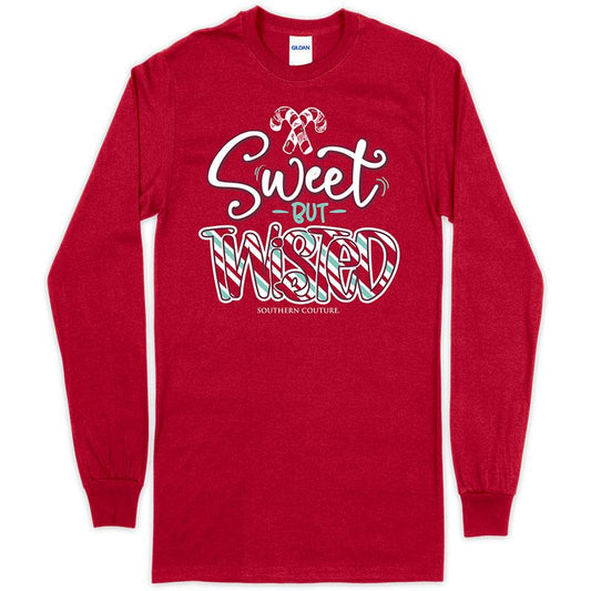 red long sleeve womens top for holidays, says "sweet but twisted"