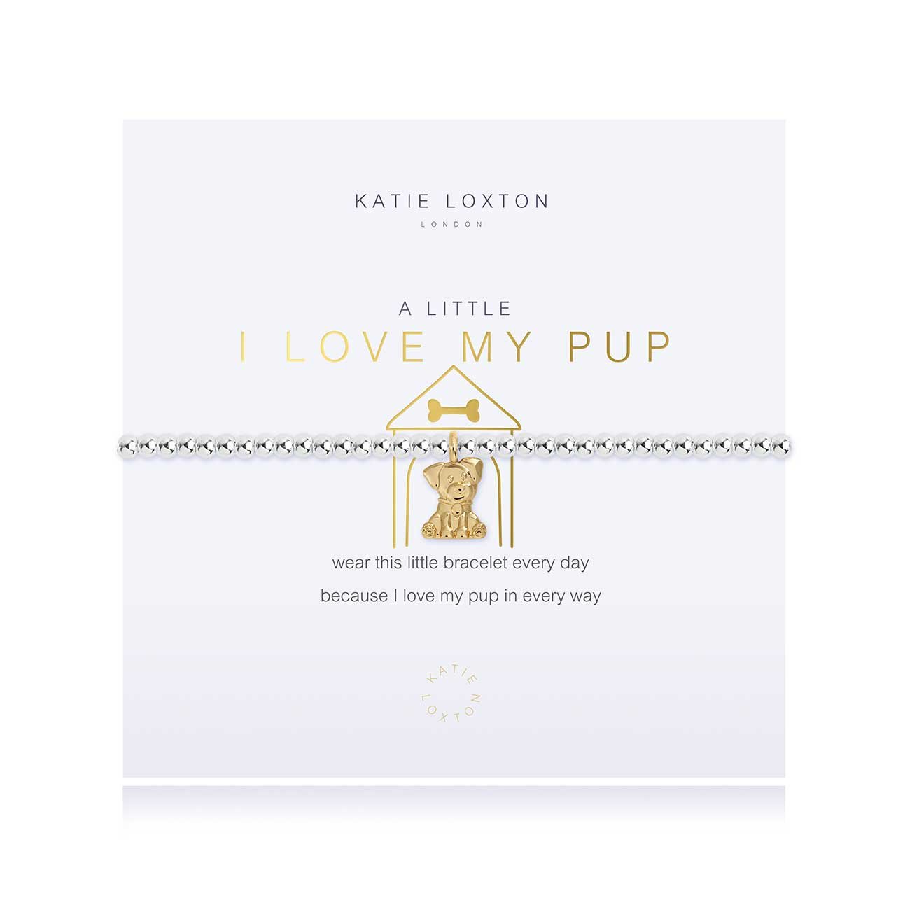Silver-plated stretch bead A Little I Love My Pup bracelet with yellow gold puppy charm