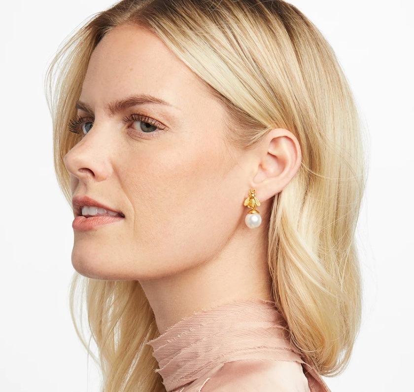 Bee Pearl Drop Earring by Julie Vos features signature sculpted bee atop a 12mm shell pearl drop. Measures 1.25" link in 24K gold plate. Shop at The Painted Cottage in Edgewater, MD.