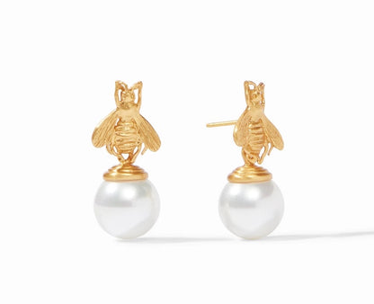 Bee Pearl Drop Earring by Julie Vos features signature sculpted bee atop a 12mm shell pearl drop.  Measures 1.25" link in 24K gold plate. Shop at The Painted Cottage in Edgewater, MD.