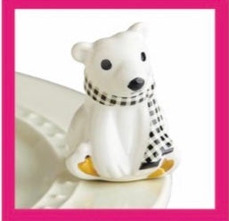 A254 Nora Fleming Polar Burrr! White with blk/wh checkered scarf and gold accent on paws. Shop at The Painted Cottage in Edgewater, MD.