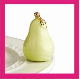 A242 Nora Fleming Pear-fection green pear with gold tone leaf/stem mini. Shop at The Painted Cottage in Edgewater, MD.