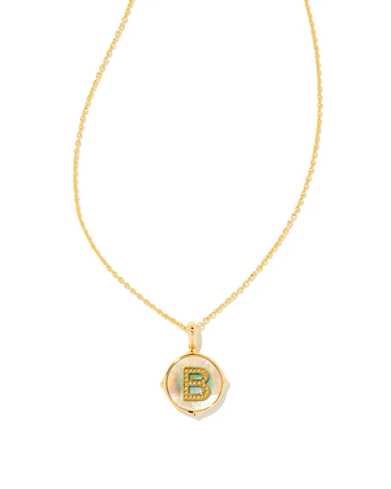 Letter B Gold Disc Reversible Pendant Necklace in Iridescent Abalone