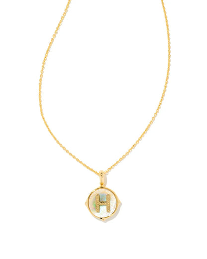 Letter H Gold Disc Reversible Pendant Necklace in Iridescent Abalone
