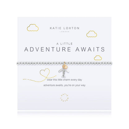 Silver-plated stretch bead A Little Adventure Awaits bracelet with silver airplane and gold tone sun charms