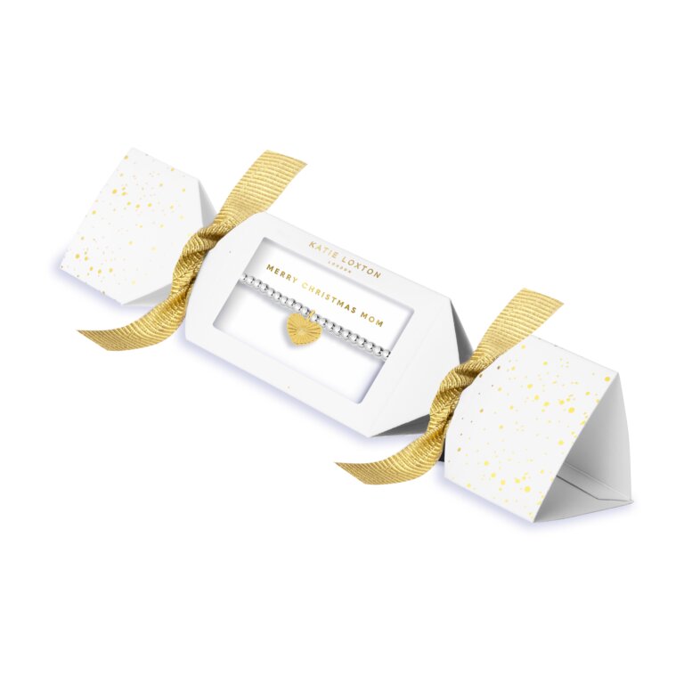 Katie Loxton silver stretch bead bracelet with gold heart charm in Merry Christmas Mom Cracker packaging