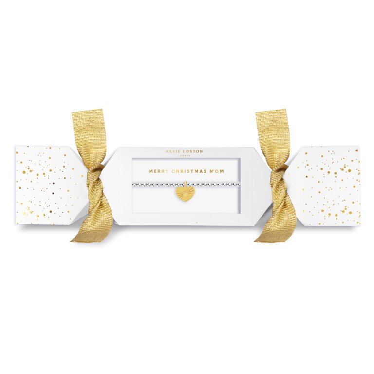 Katie Loxton silver stretch bead bracelet with gold heart charm in Merry Christmas Mom Cracker packaging