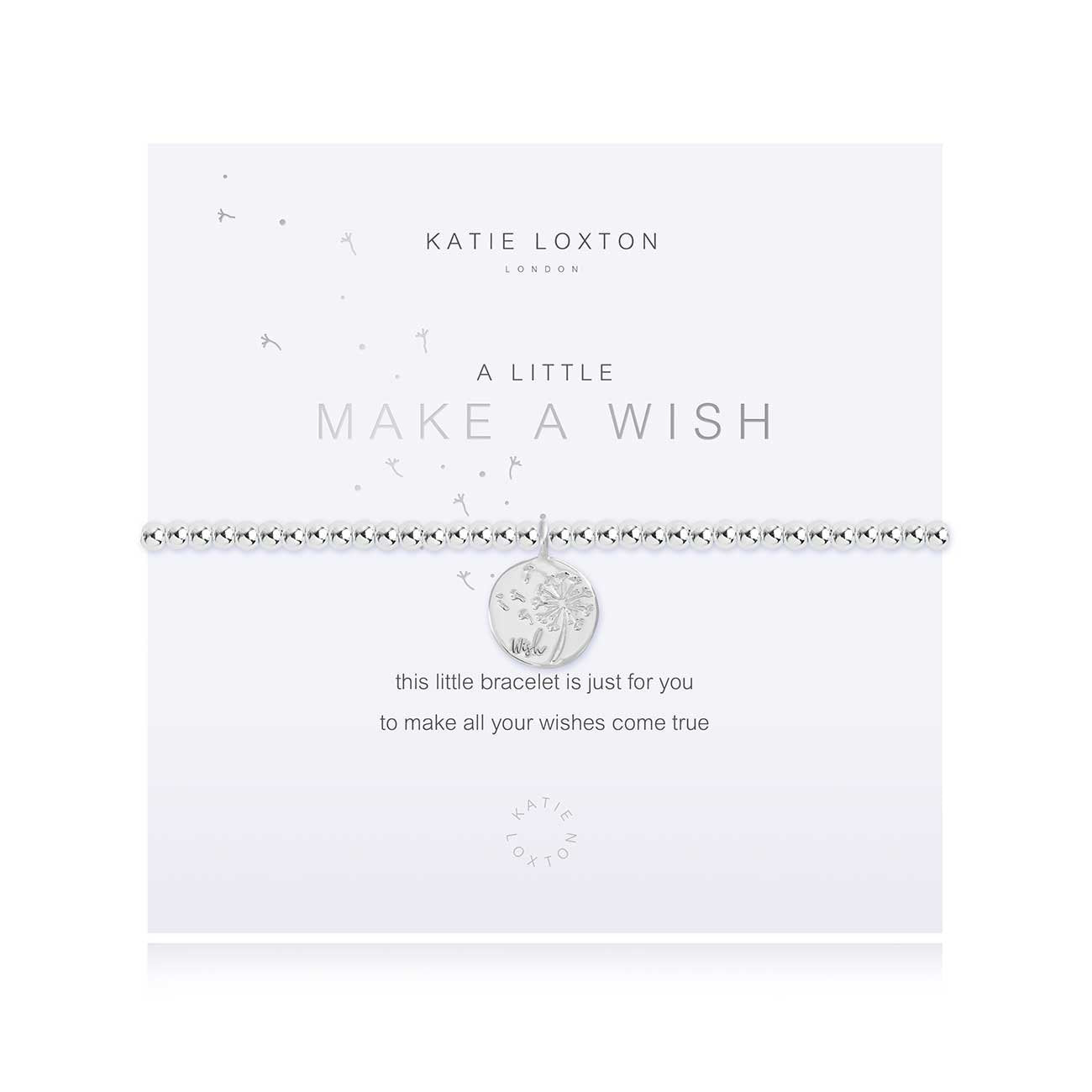 Katie Loxton silver stretch bead A Little Make A Wish bracelet with silver disc etched with dandelion and Wish inscription charm