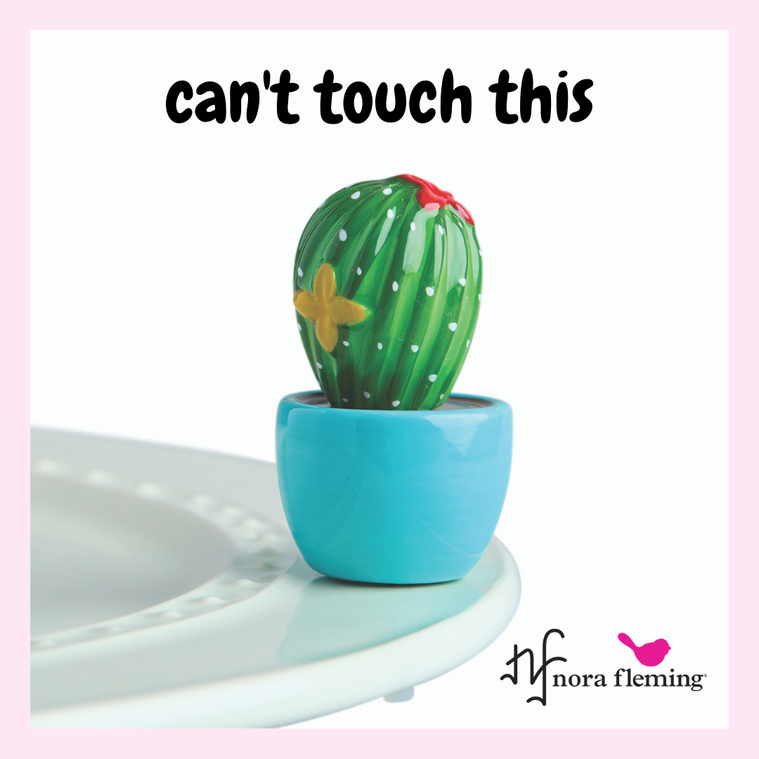 A266 Can't Touch This Mini by Nora Fleming features green, yellow and red cactus in blue planter. Shop at The Painted Cottage in Edgewater MD.