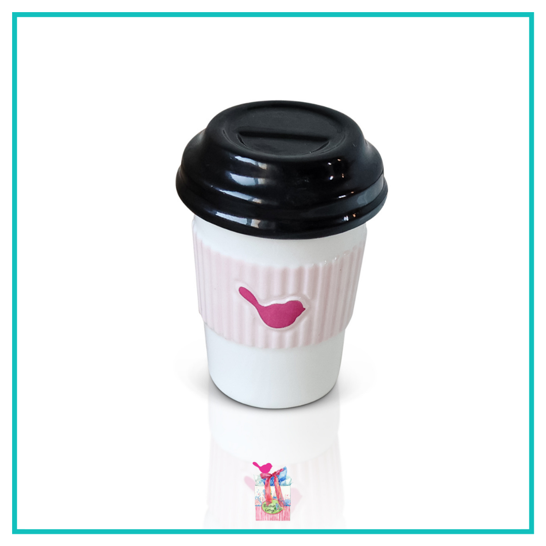 A295 Cup of Ambition Mini by Nora Fleming, Wh/Blk coffee cup with lid features NF pink bird. Shop at The Painted Cottage in Edgewater MD.