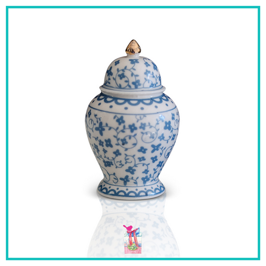 A298 Ginger Jar Mini features blue and white floral pattern with gold accent on lid. Shop at The Painted Cottage in Edgewater, MD.