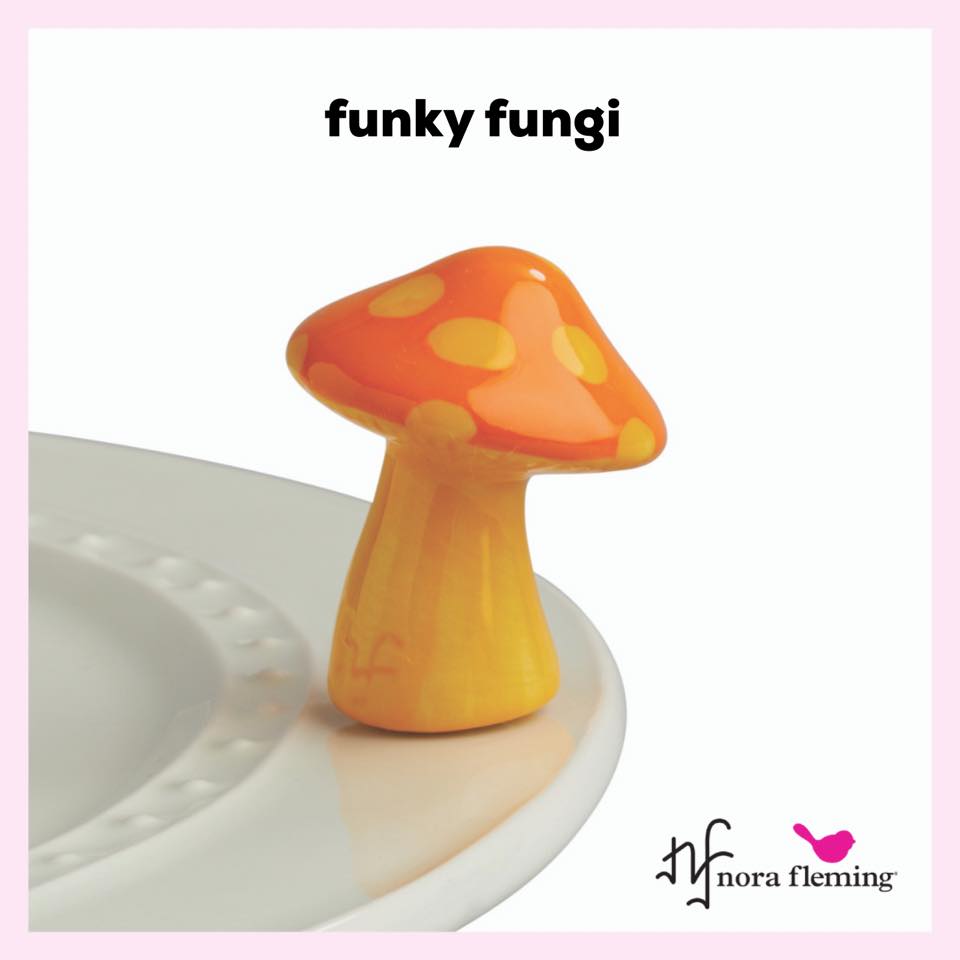 A262 Funky Fungi Mini by Nora Fleming features yellow and orange spotted mushroom  available at The Painted Cottage in Edgewater, MD