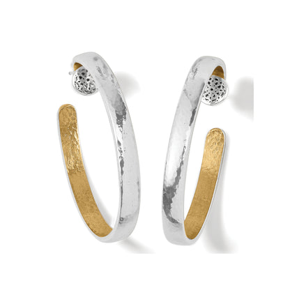 Ferrara Entrata Medium Hoop Earrings by Brighton with softly hammered details and golden accents is modern art-to-wear, silver outside/gold inside. Shop at The Painted Cottage in Edgewater MD.