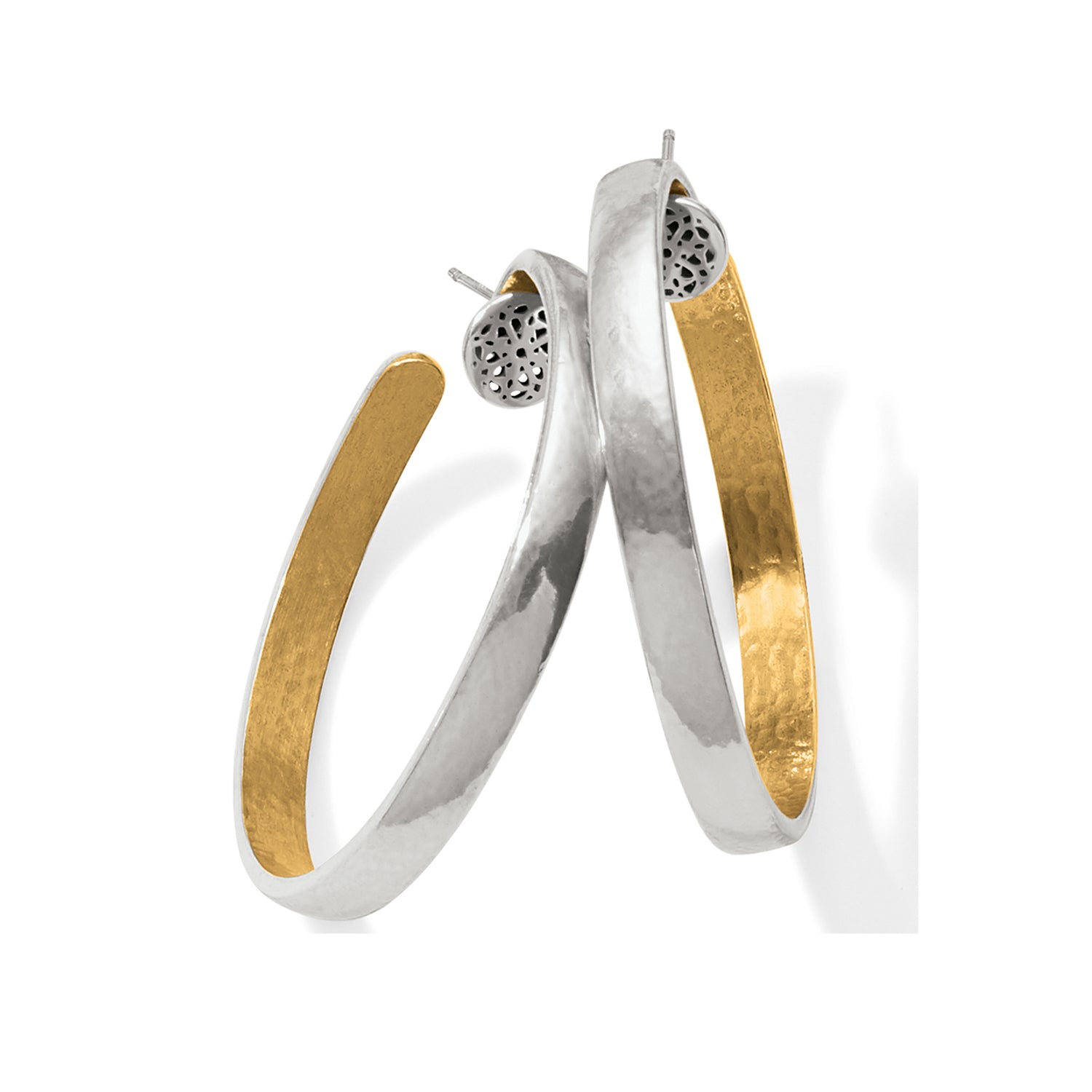 Ferrara Entrata Medium Hoop Earrings by Brighton with softly hammered details and golden accents is modern art-to-wear, silver outside/gold inside. Shop at The Painted Cottage in Edgewater MD.