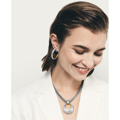 Ferrara Entrata Medium Hoop Earrings by Brighton with softly hammered details and golden accents is modern art-to-wear, silver outside/gold inside. Shop at The Painted Cottage in Edgewater MD.