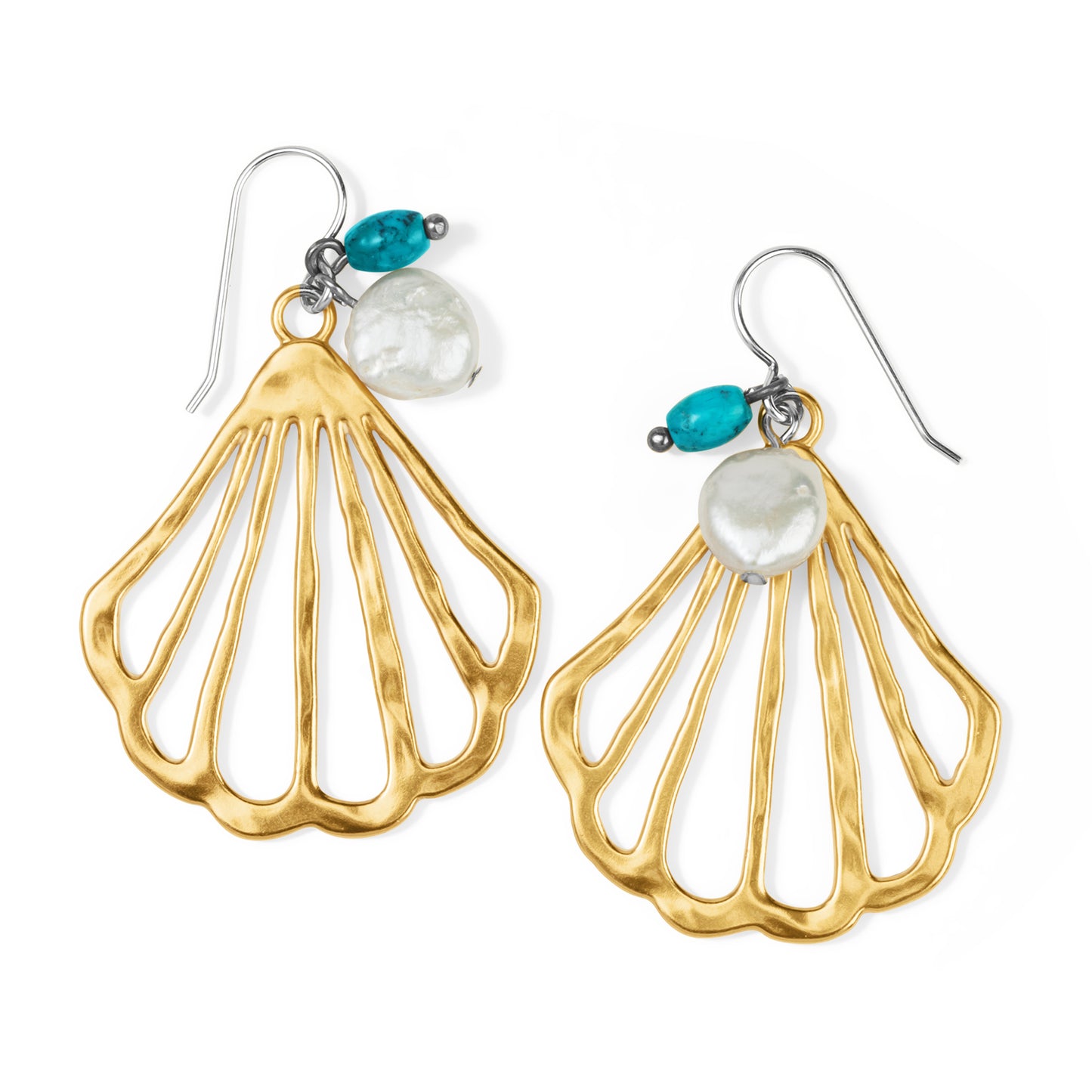 Calypso Shell French Wire Earrings by Brighton features sculptural shell design in matte gold finish with pearl and turquoise magnesite beads. Shop at The Painted Cottage in Edgewater, MD.