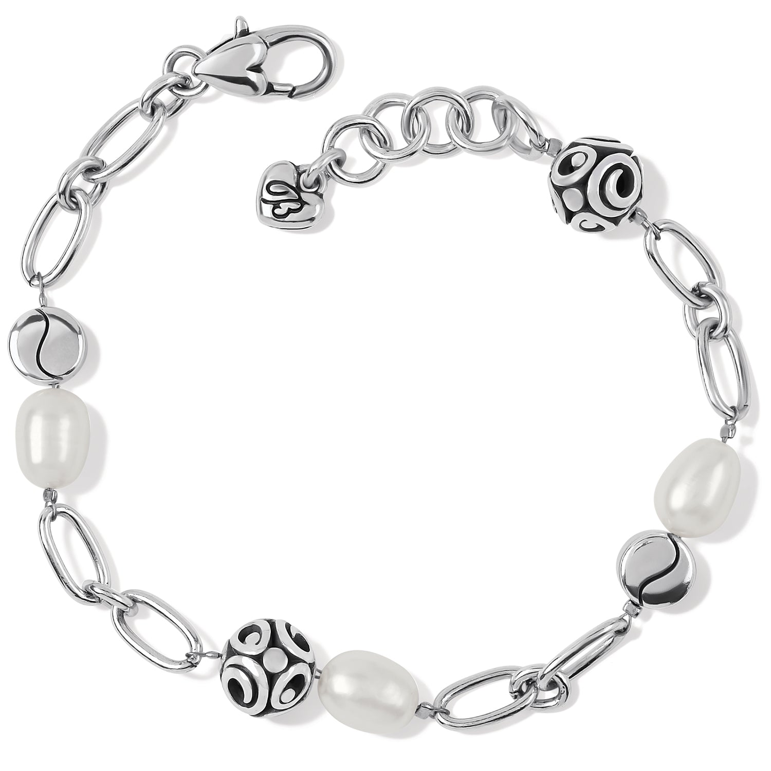 Contempo Pearl Bracelet by Brighton inspired by silver jewelry artisans of Taxco, Mexico. features silver beads in the Contempo design and pearls on oval link bracelet. Width: 1/2"  Length: 7 1/2" - 8 1/2" Adjustable. Shop at The Painted Cottage an Annapolis Boutique.