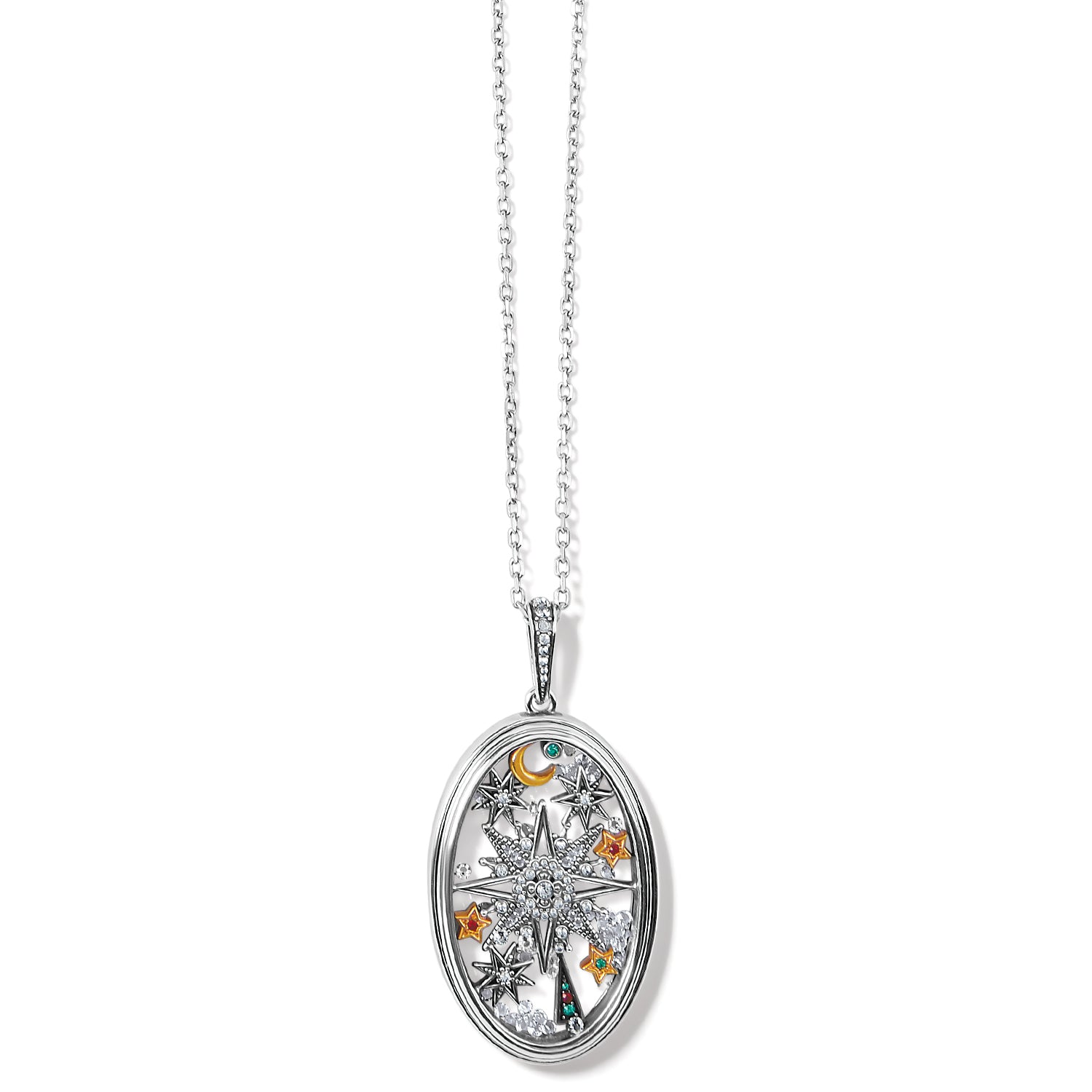 Christmas Magic Convertible Necklace features floating stars, moon, and tree with clear, red, and green crystals between glass and silver rimmed pendant. Has adjustable convertible chain. Shop at The Painted Cottage in Edgewater, MD.
