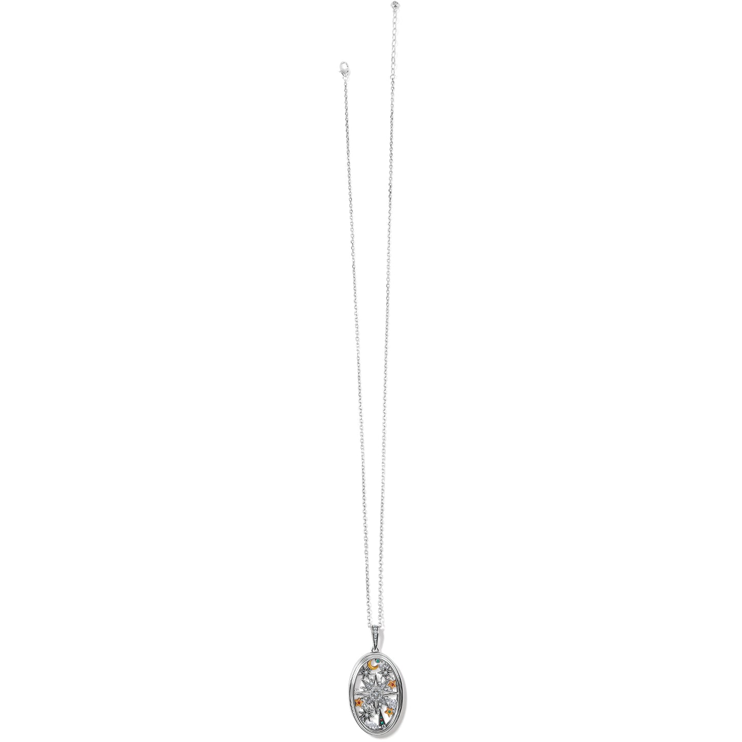 Christmas Magic Convertible Necklace features floating stars, moon, and tree with clear, red, and green crystals between glass and silver rimmed pendant. Has adjustable convertible chain. Shop at The Painted Cottage in Edgewater, MD.