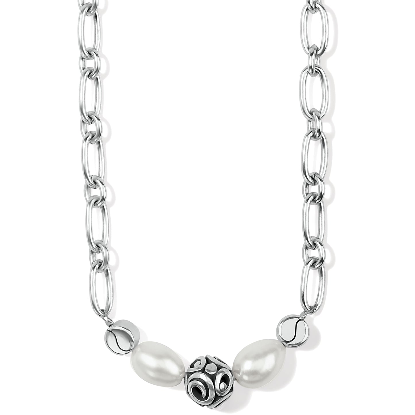 Contempo Pearl Short Necklace by Brighton inspired by silver jewelry artisans of Taxco, Mexico. Necklace features a single silver bead in the Contempo design in the center of two pearls on oval link adjustable chain. Measures 16" - 19 1/2".  Shop at The Painted Cottage an Annapolis Boutique.