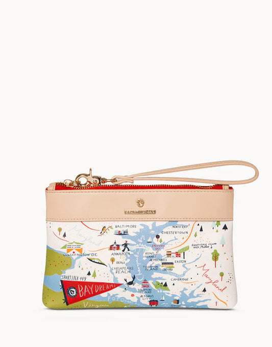 Bay Dreams Scout Wristlet by Spartina features 4 inner slip pockets and 1 zipper pocket, one exterior zip pocket, top zip closure, measures 5.5'' W; 8.5'' H; 3'' D. Removable wristlet strap. Textured coated vinyl exterior with faux leather accents. Shop at The Painted Cottage in Edgewater, MD.