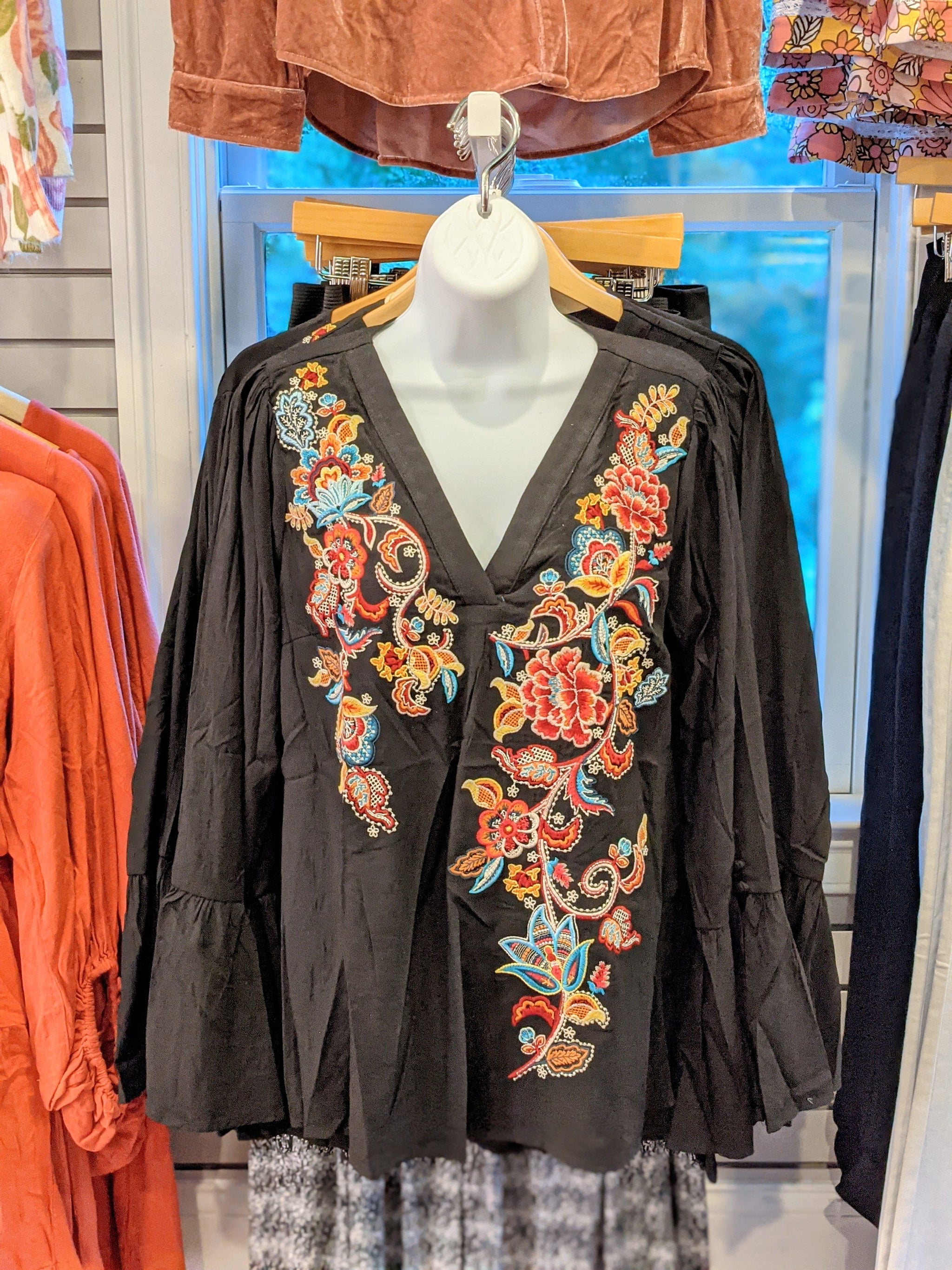 Black Bell Sleeve Embroidered Top