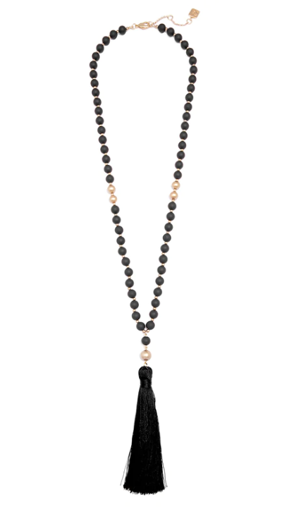 BLACK BEADED TASSEL NECKLACE