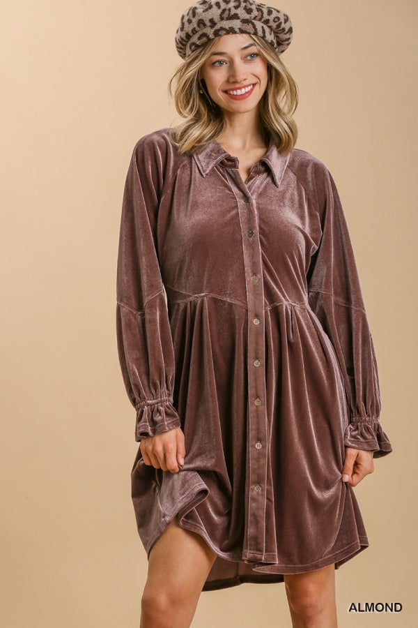 ALMOND VELVET BUTTON DOWN DRESS