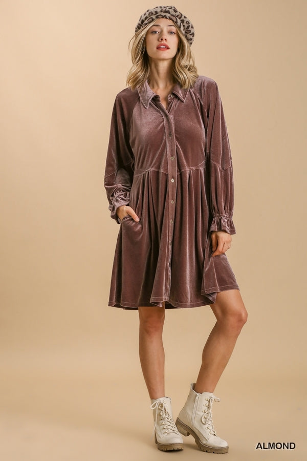ALMOND VELVET BUTTON DOWN DRESS