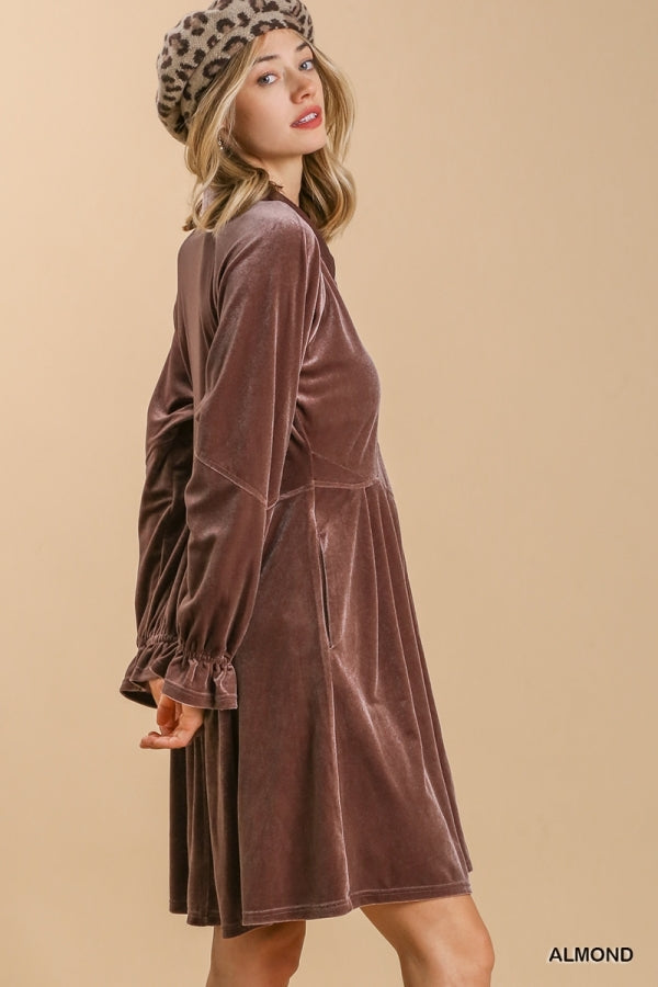 ALMOND VELVET BUTTON DOWN DRESS