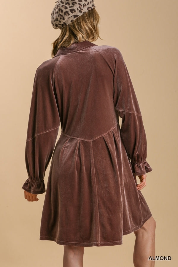 ALMOND VELVET BUTTON DOWN DRESS