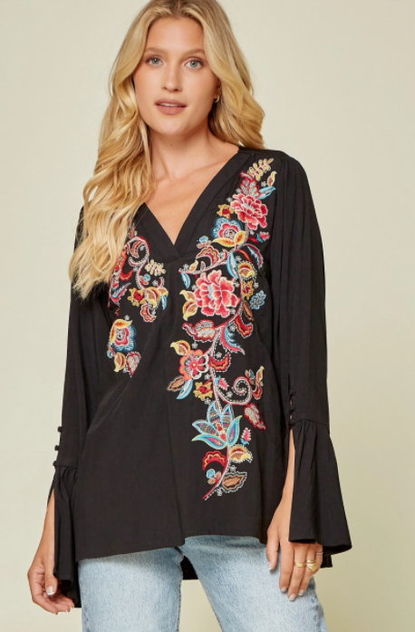 Black Bell Sleeve Embroidered Top