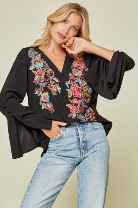 Black Bell Sleeve Embroidered Top