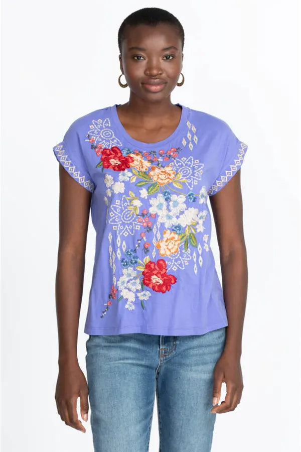 Josephine Baja Blue Relaxed Tee by Johnny Was. Shop at The Painted Cottage, voted Best of Annapolis for Women's Clothing and Apparel 2022. Blue tee with embroidered floral design.