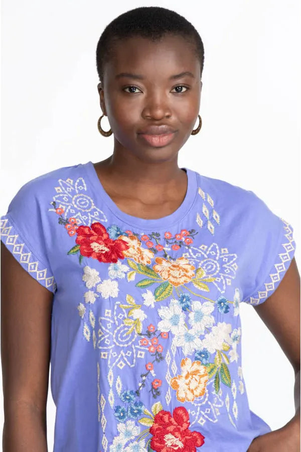 Josephine Baja Blue Relaxed Tee by Johnny Was. Shop at The Painted Cottage, voted Best of Annapolis for Women's Clothing and Apparel 2022. Blue tee with embroidered floral design.