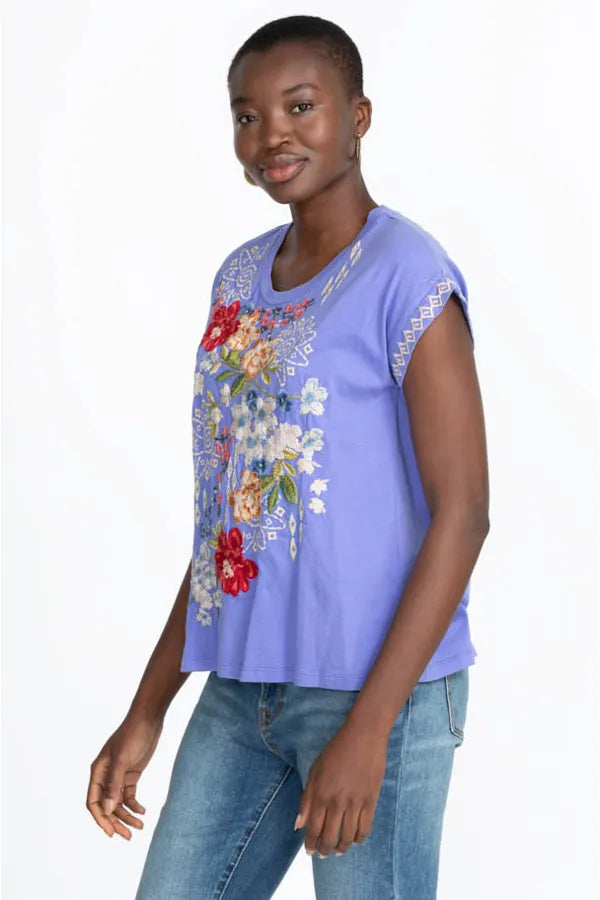 Josephine Baja Blue Relaxed Tee by Johnny Was. Shop at The Painted Cottage, voted Best of Annapolis for Women's Clothing and Apparel 2022. Blue tee with embroidered floral design.