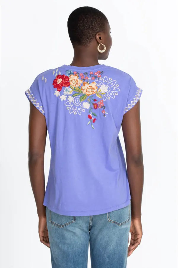 Josephine Baja Blue Relaxed Tee by Johnny Was. Shop at The Painted Cottage, voted Best of Annapolis for Women's Clothing and Apparel 2022. Blue tee with embroidered floral design.