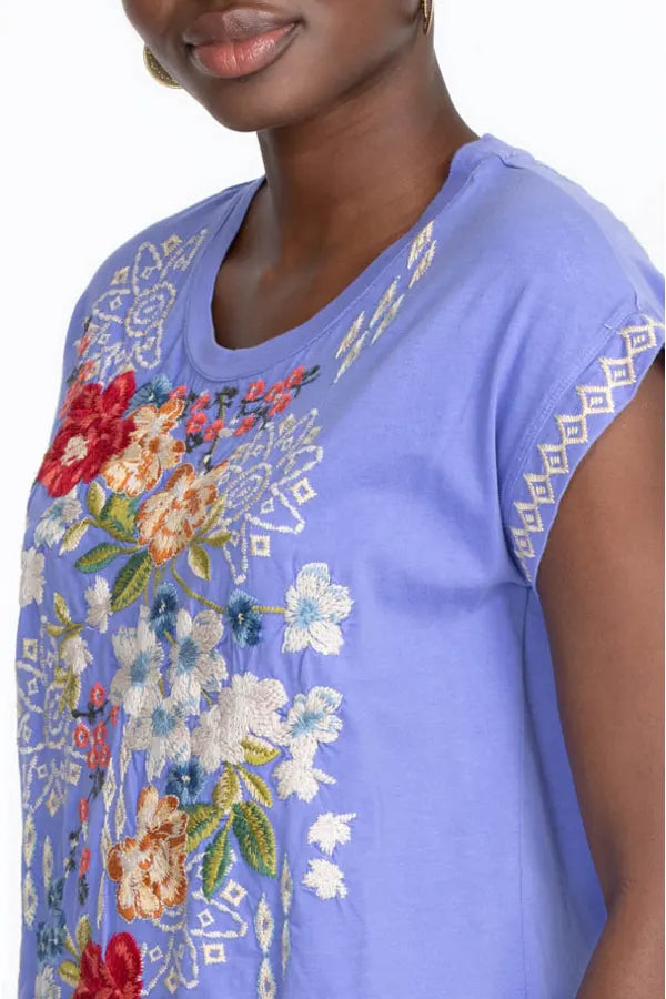 Josephine Baja Blue Relaxed Tee by Johnny Was. Shop at The Painted Cottage, voted Best of Annapolis for Women's Clothing and Apparel 2022. Blue tee with embroidered floral design.