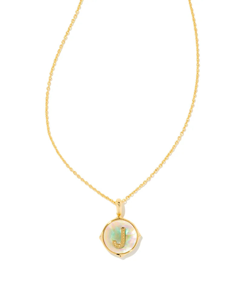 Letter J Gold Disc Reversible Pendant Necklace in Iridescent Abalone