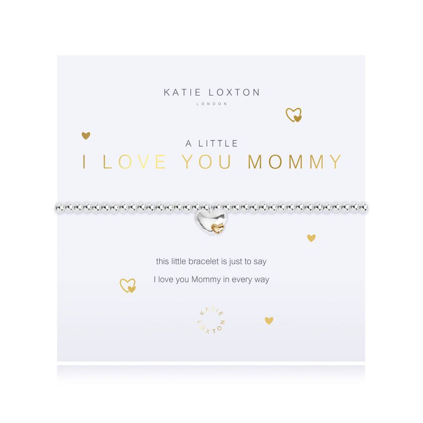 Silver-plated stretch bead A Little I Love You Mommy bracelet with silver and smaller gold connected heart charm